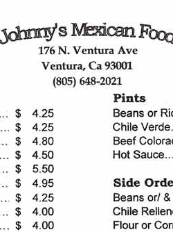 Johnny's Mexican Food Restaurant Menu A Tradition in Ventura California Since 1947